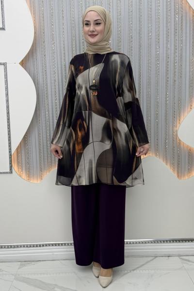 Dalga Pantolonlu Takım  Mor