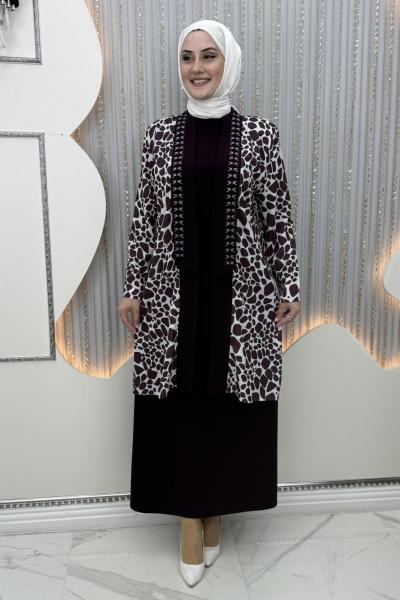 Leydi leopar elbiseli hırka Mürdüm