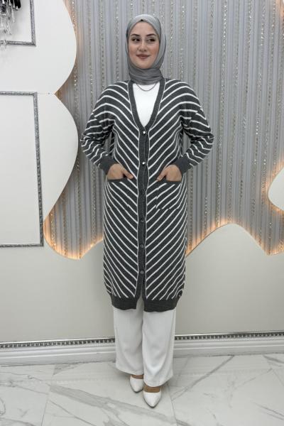 Mehlika Çizgili Hırka Gri