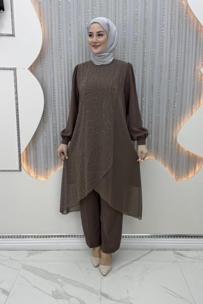 Parlayan Pantolonlu Takım Kahverengi