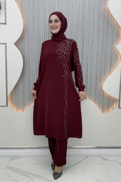 Yakut Taşlı Takım Bordo