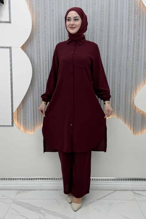 Rozalin Pantolonlu Takım  Bordo
