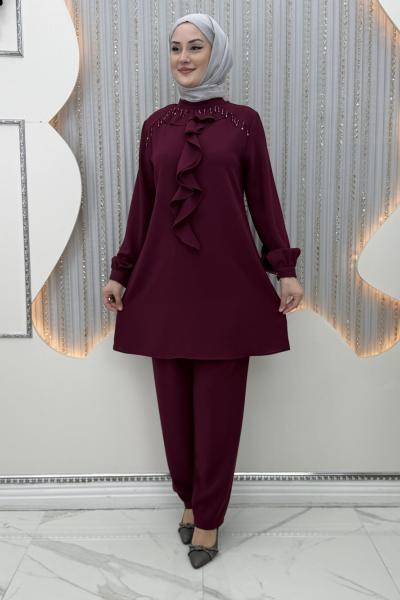 Fırfır Pantolonlu Takım Bordo