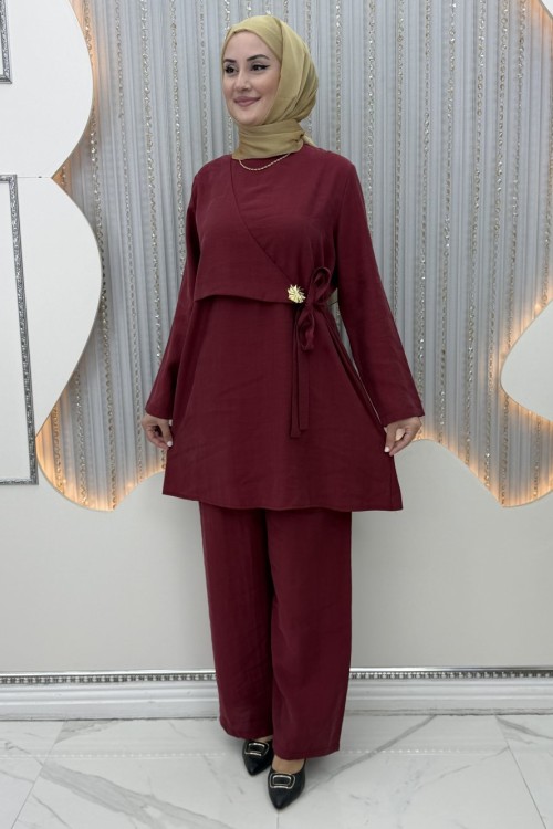 Zeyna Pantolonlu Takım  Bordo