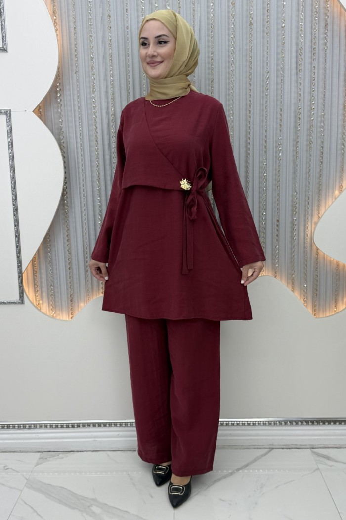 Zeyna Pantolonlu Takım  Bordo