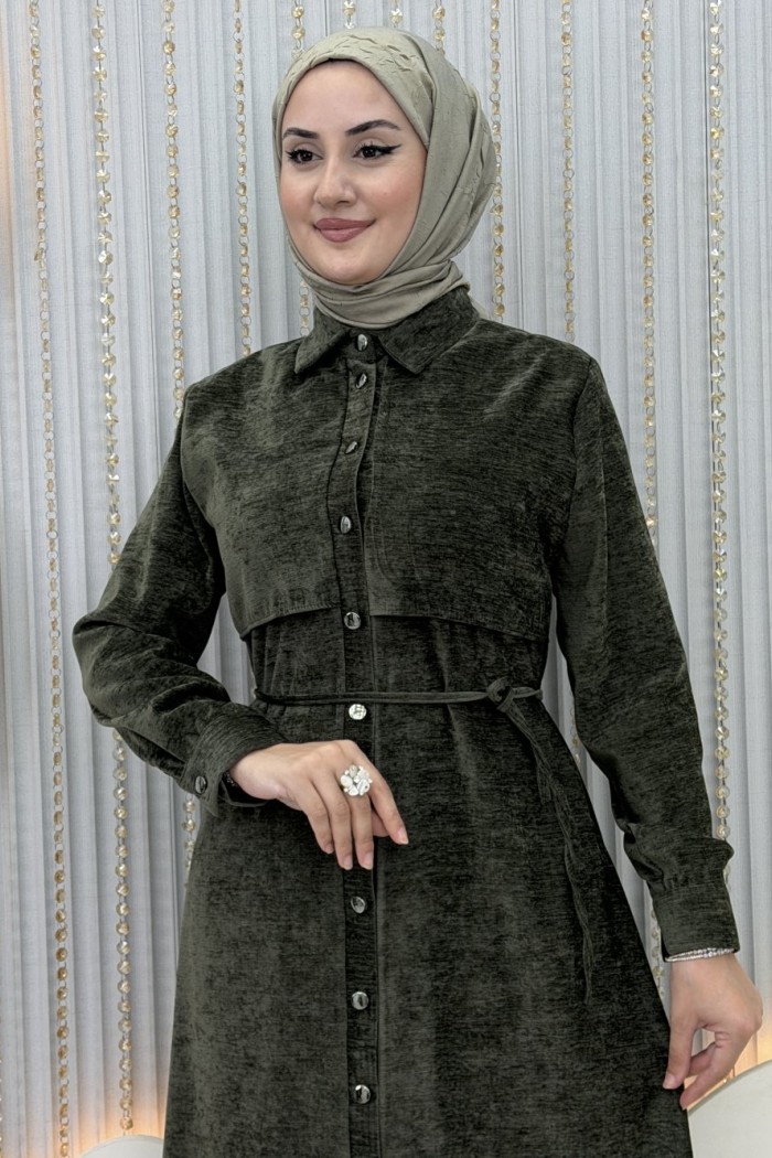 Dilşah Kadife Pantolonlu Takım  Haki