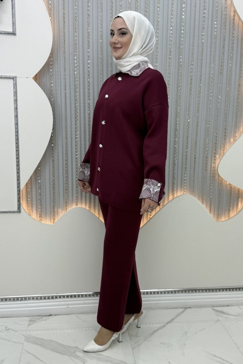 Büklüm Pantolonlu Takım Bordo
