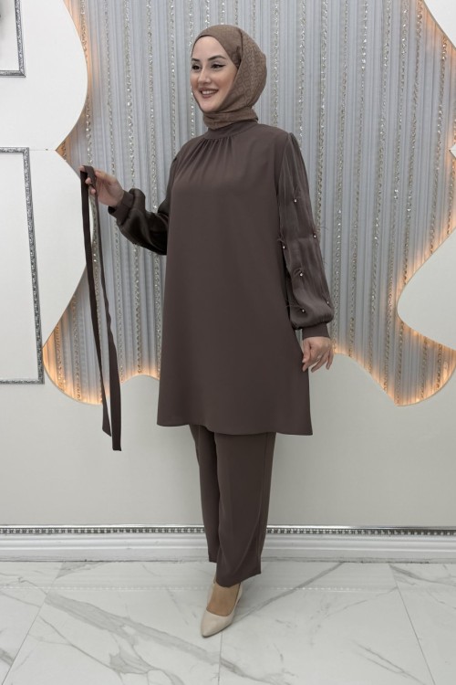 Minimal Pantolonlu Takım Kahverengi