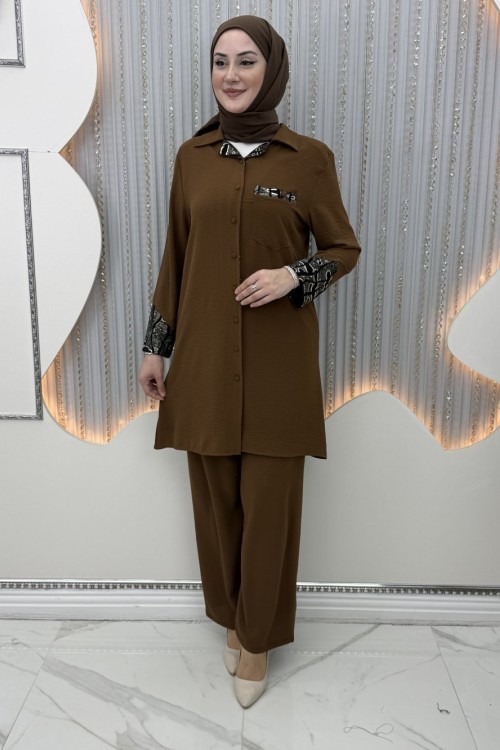 Lila Pantolonlu Takım Sütlü Kahve